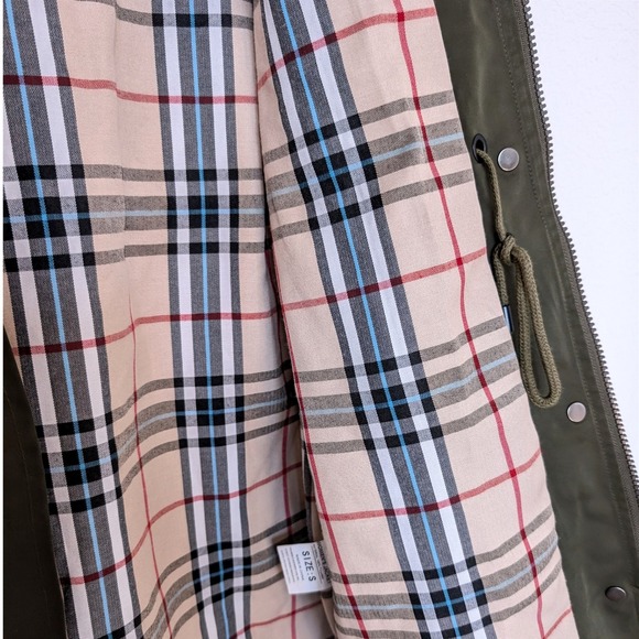 Saphirose Long Anorak Jacket Plaid Lined Olive Green Size S - Picture 8 of 9